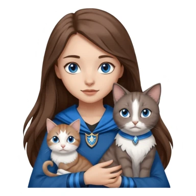 gorgeous Girl with light skin, blue eyes, long brown hair, wears a ravenclaw outfit, with a grey and white cat holding in her arms sticker