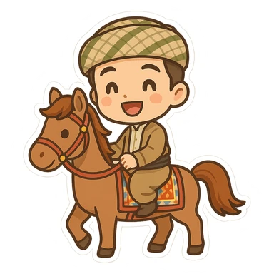cartoon sticker of a happy Kurdish groom wearing traditional clothing, riding a horse alone like in old Kurdish wedding ceremonies, colorful, no text, suitable for WhatsApp and Instagram sticker