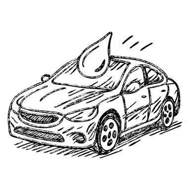 hand-drawn outlined icon of a full high-end vehicle with glossy black paint, strong shine and reflections, water droplet sliding on the surface, subtle repellent effect, clean and modern sticker