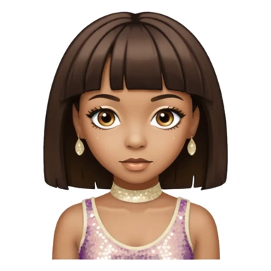 Left Eye from TLC with medium dark brown hair, ivory sequin outfit sticker