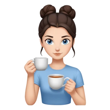 With her dark brown hair pulled back in a bun, and captivating grey-blue eyes, the girl holds a mug of tea, the steam rising like a gentle promise of warmth, clad in a simple white t-shirt.  sticker