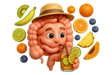 EMOJI STILE IPHONE DI INTESTINO UMANO REALISTICO CON CAPPELLO DI PAGLIA DA SPIAGGIA CHE BEVE UN Tè FREDDO IN BICCHIERE DI VETRO CON DENTRO  fette di cetriolo, limone, lime, DIETRO L'INTESTINO FLUTTUANO PEZZETTI DI Kiwi
Banana acerba
Arance e mandarini
Mirtilli
Ananas
Papaya
IPERREALISTICO 4K sticker