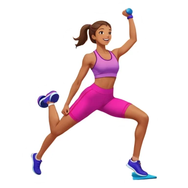 An energetic person performing an aerobics workout in a brightly lit gym, jumping and stretching with enthusiasm. The scene includes vibrant fitness equipment like dumbbells and exercise mats, with a background of cheerful, motivating colors, conveying energy and movement. sticker
