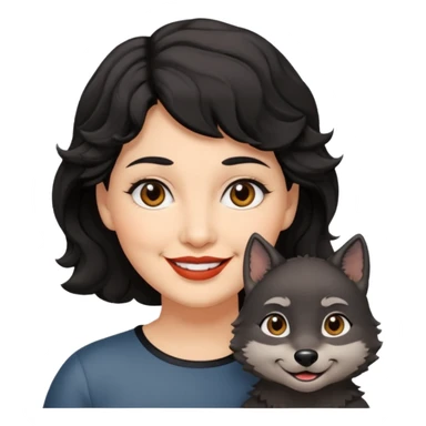woman 60, brown eyes, very short black wavy wolf cut hair, chubby smile sticker