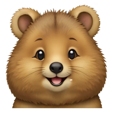 cinematic-realistic quokka-emoji,-small-round-frame, head tilted in an endearing manner, comical smile, round cheeks, giant-fluffy-cheeks-large-smile-fluffy-brown-fur-radiating-a-warm-softness,-big-round-eyes-filled-with-joy, realistic round  fluffy zoomed in, large black eyes sticker