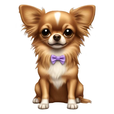 Small brown long haired chihuahua wearing a bow sticker