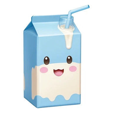 Cute Kawaii Milk Carton, small and boxy, bright pastel blue and white, blushing cheeks, a tiny straw poking out, soft glowing highlights, adorable farm-fresh cuteness! sticker