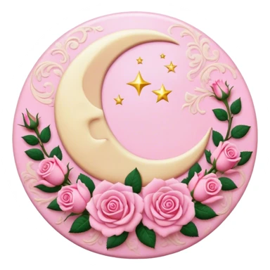 A round pink button with a cream colored crescent damask moon and pink roses in the center sticker