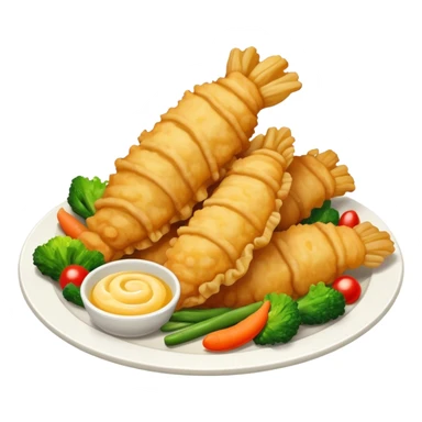 Tempura Cinematic Realistic Tempura Dish Emoji, depicted as extra crispy, lightly battered seafood and vegetables, rendered with vivid textures and dynamic, bright lighting. sticker