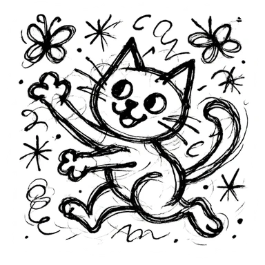 cute cat playfully chasing butterflies with wild scribbled lines and whimsical details sticker