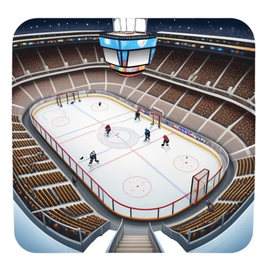Please, make An icon featuring The background shows a packed stadium with cheering fans, bright arena lights, and an icy rink and close-up shots of key hockey equipment: a hockey stick, puck, and skates. Transparent background highlights the essentials of the game and the thrill of the sport. sticker