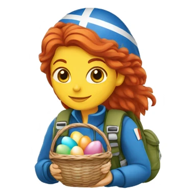 Female mountain climber red hair with Greek flag and holding Easter eggs basket sticker