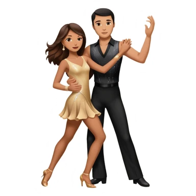 Photorealistic dancesport professional latin couple dancing the rumba at the competition dancefloor, the women is in skinny sparkly dress, the women has brown very long hair, the man has short black hair, the man hold woman's hand by his one hand and his second hand is on the women's waist  sticker