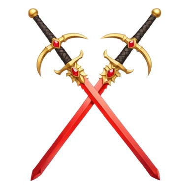 Two crossed swords that are golden in blade and handle and have fiery and royal appearence to them as well as red gem stones sticker