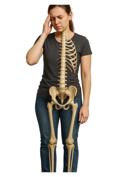 donna stanca a figura intera che si tiene una mano sulla tempia con spina dorsale anatomica visibile, iperrealistico 4k sticker