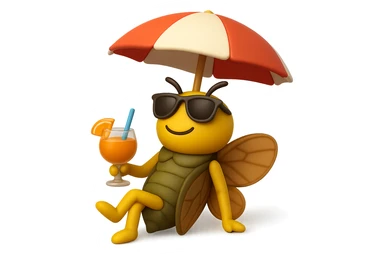 EMOJI STILE IPHONE 3D DI UNA CICALA CHE STA RILASSATA SEDUTA SOTTO L'OMBRELLONE CON UN COCKTAIL IN MANO sticker