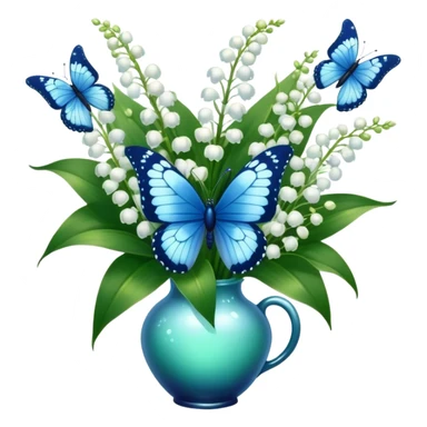 Aesthetic butterfly with blue light and navy wings sitting on a dark green bouquet of lily of the valley in a pastel blue vase sticker