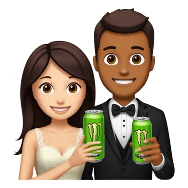 husband and wife at wedding holding monster energy drinks sticker