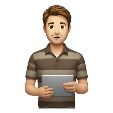 man with brown hair, striped shirt while holding laptop in front sticker