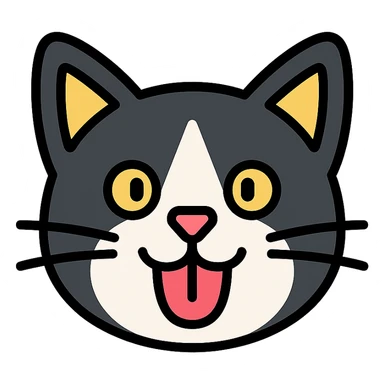 tuxedo cat face, playful, tongue out, lineal color icon with black outlines sticker