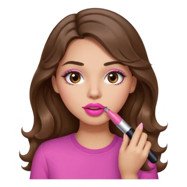girl with long wavy brown hair, brown eyes, light to medium complexion, in a pink shirt, pink lips, long lashes, puckered lips, putting on lipstick sticker