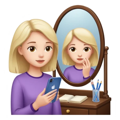 Girl sitting at vanity taking out picture with iphone 15 plus in the mirror and study materials on the vanity sticker