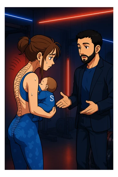 ispirati a questo stile di disegno e fai questa immagine in versione manga/webtoon a colori, il manga mostra la donna preoccupata di profilo con la postura sbagliata e incurvata, spalle chiuse e curve in avanti, con un neonato in braccio con una tutina azzurra e la scritta "S" sulla schiena, spina dorsale storta della donna in evidenza mentre ascolta l'uomo mentre l'uomo gli sta spiegando una cosa, ma non fare i fumetti, fai come se stessero parlando sticker