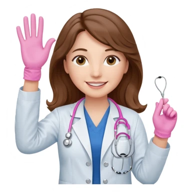 Barbie like emoji of a white woman with brown eyes and long wavy brown hair wearing blue scrubs, white lab coat, pink stethoscope, and raising one hand and a warm smile sticker