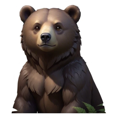 Cinematic Noble bear cub Portrait Emoji, Poised and regal, with a large, imposing build and a thick, well-groomed rich dark brown fur, deep-set soulful eyes, Simplified yet sharp and sophisticated features, highly detailed, glowing with a soft, dignified glow, high shine, intelligent and formidable, stylized with an air of wild majesty, focused and attentive, soft glowing outline, capturing the essence of a watchful and commanding guardian, so majestic it feels as though it could lumber out of the screen with effortless authority! sticker