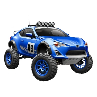 Dirty raced jacked 2013 scion fr-s ultramarine off road 4wd monster Baja dessert stadium rock racer number 86 with long travel suspension, shiny silver wheels, exaggerated wide black fender flares  sticker