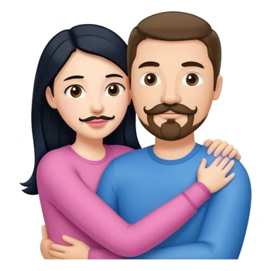 Tall white man with brown mustache goatee wearing blue AND a short pale woman with long black hair wearing pink, hugging sticker