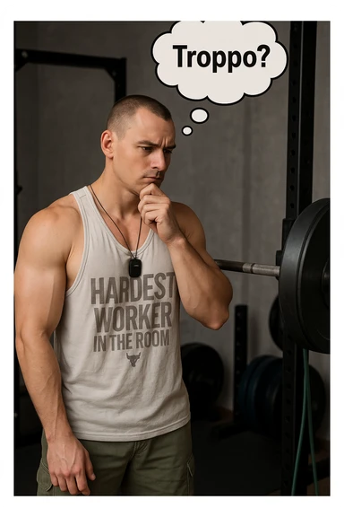 Realistic vertical image of a man in a gym, with face and physique identical to the reference photo, in a waiting position with hand on chin and gaze towards weights, thought bubble with text 'Troppo?'. Realistic style. sticker