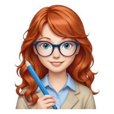 redheaded woman with very long wavy hair and bangs, blue eyes, clear cat-eye glasses, casual chic outfit, holding a pencil, smiling sticker