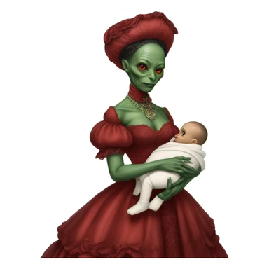  Reptilian alien woman , full body, in victorian red elegant dress , holds a newborn white humman baby sticker
