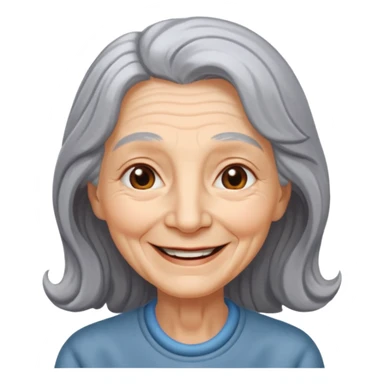 an elderly woman with long, grey hair and a smiling face sticker
