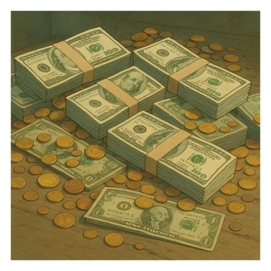 money, cash, dollar bills, coins, wealth in ghibli style sticker