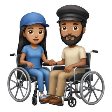 Beige skin man with a beard and cap in a wheelchair and a brown skin woman with long black hair in a wheelchair  sticker