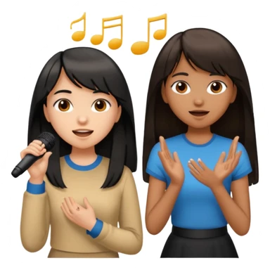 a brown girl with long black hair and a white girl with bangs and brown medium length hair singing together  sticker
