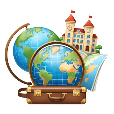 An icon featuring a suitcase, 1 globe, and a hotel building, symbolizing tourism and hospitality studies. The design includes a map and compass, representing travel research and industry analysis. Transparent background sticker