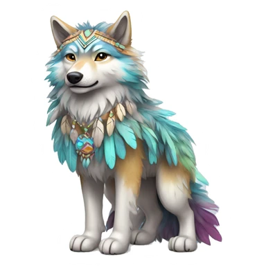 Fluffy Shy Colorful Spiritual Shamanic Wolf With Shiny Tribal Markings wearing feathers Full Body sticker
