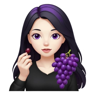 girl with long black hair, black clother with eating disorder purple food sticker