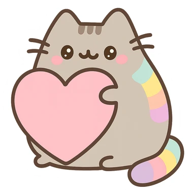 Pusheen hugging a big heart, pastel rainbow colors, ultra cute, kawaii style sticker