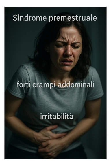 realistic and cinematic image of a woman with evident symptoms of premenstrual syndrome, severe abdominal cramps and irritability, suffering expression, clinical dramatic lighting, Italian captions, 2:3 format vertical sticker