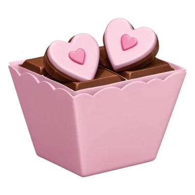 Two square milk chocolate , Each praline is a sharp-edged cube with smooth glossy chocolate coating, placed in a small white fluted paper candy cup. On top of each cube is a flat pastel pink heart-shaped icing sticker