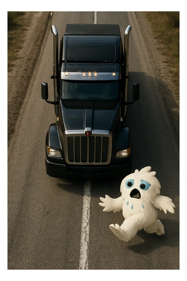Make the scene more realistic: a small furry abominable snowman on a long road in front of a black Kenworth W680 flat top semi truck, top-down view, realistic details, no text. sticker