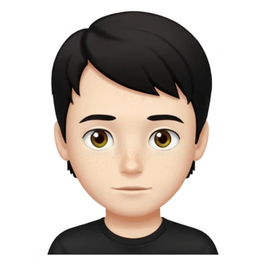 A boy with dark black hair and hazel green and brown eyes and white skin , with freckles and black t shirt  sticker
