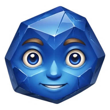 A single sapphire-blue faceted rock head, chunky and worn, with very visible big cracks and chipped facets but still shiny, big kind eyes and a confident smile sticker