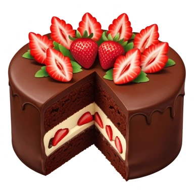 chocolate cake with a cut revealing the inside, topped with strawberries sticker