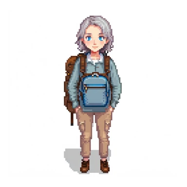 white woman park ranger with blue eyes, brown and gray hair, wearing a backpack, standing in a nature background sticker