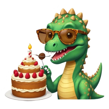 A dinosaur eating sunglasses with a human eating CAKE sunglasses sticker